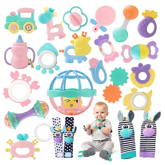 Baby Rattles 0-6 Months,Infant Sensory Teething Toys Set for 3-6 Months with Wrist Socks,Learning Developmental Toys,Perfect Baby Gift for 6-12 Months Newborn Boys Girls (Purple Rattle Set)