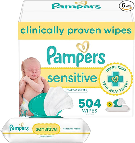 Pampers Baby Wipes Sensitive, Water Based Hypoallergenic and Unscented 504 Total (6 Flip-Top Packs)