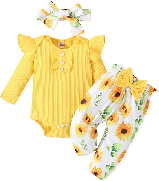 GDTOGRT Baby Girl Clothes Newborn Infant Outfits Ruffle Romper+ Floral Pants + Cute Headband Sets for Girls