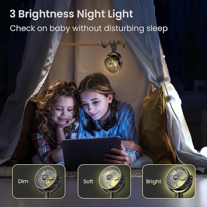 Portable Stroller Fan, 4000mAh Rechargeable Clip on Baby Fan 25H Battery Life, Head Detachable 360° Rotate Mini Fans, 4 Speed Personal Fans with Night Light for Car Seat Crib Bike Treadmill, Black