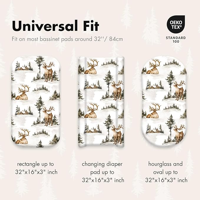 Gllquen Baby Bassinet Sheets 4 Pack, Breathable Cozy Fitted Mattress Sheet, Elastic Travel Crib Fashionable Floral Pattern, Standard Cradle Safe Sheets for Baby Boys Girls 32"x16" (Christmas elk)