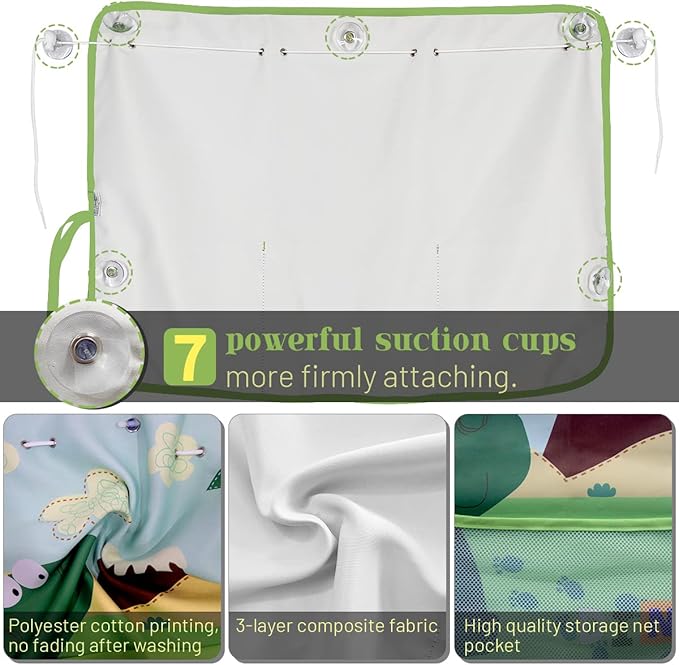 Car Window Shade for Baby, 2 Pack Car Sun Shades with Storage Pockets Car Window Curtain 7 Suction Cups Dinosaurs Pattern for Sun/Heat/UV Rays Protection