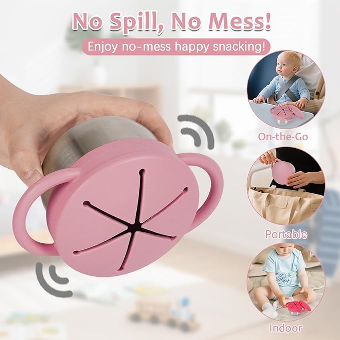 2 Pack 304 Stainless Steel Snack Cups for Toddlers, Snack Containers with Spill-Proof Silicone Travel Lid & Handle, Dishwasher Safe, Removable Snack Catcher for Baby, Toddler
