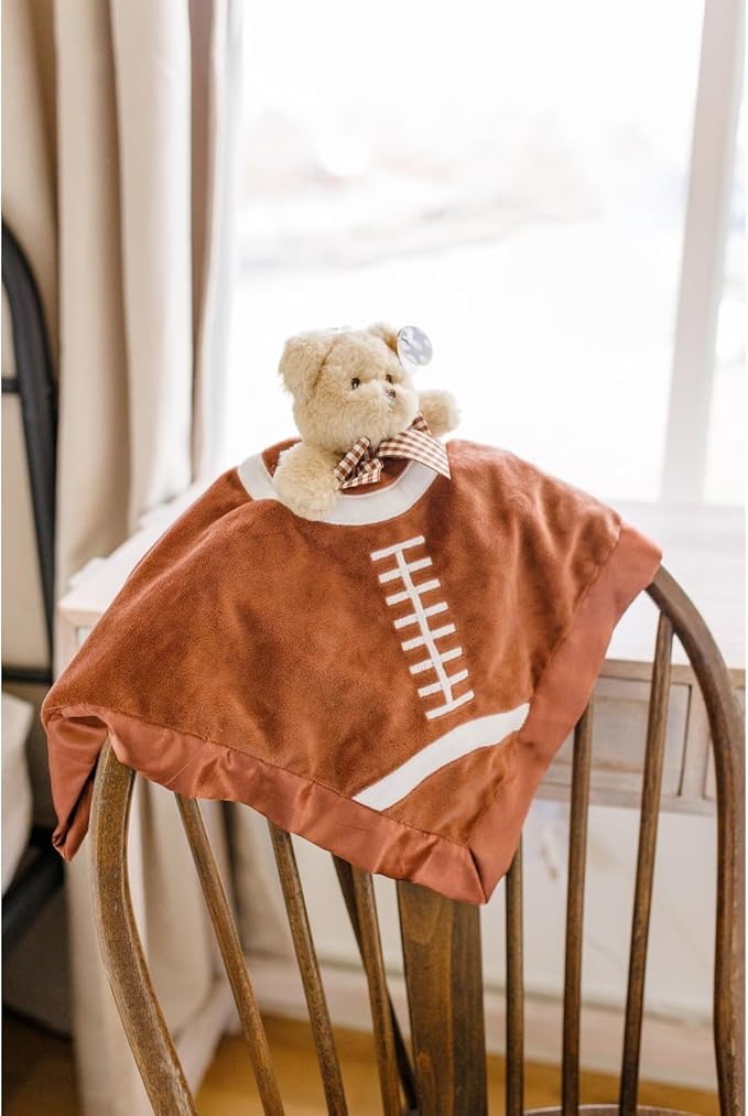 Bearington Collection Touchdown Snuggler Plush Football Lovey - 15-Inch Satin & Velour Security Blanket for Babies - Soft Plush Newborn Baby Football Toy for Boys