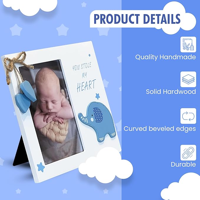 Baby Boy You Stole My Heart Newborn Wooden Picture Frame | Perfect for Baby Shower, Pregnancy Gift, Mom & Grandma Gifts | Fits 4 x 6 Pic (Blue)