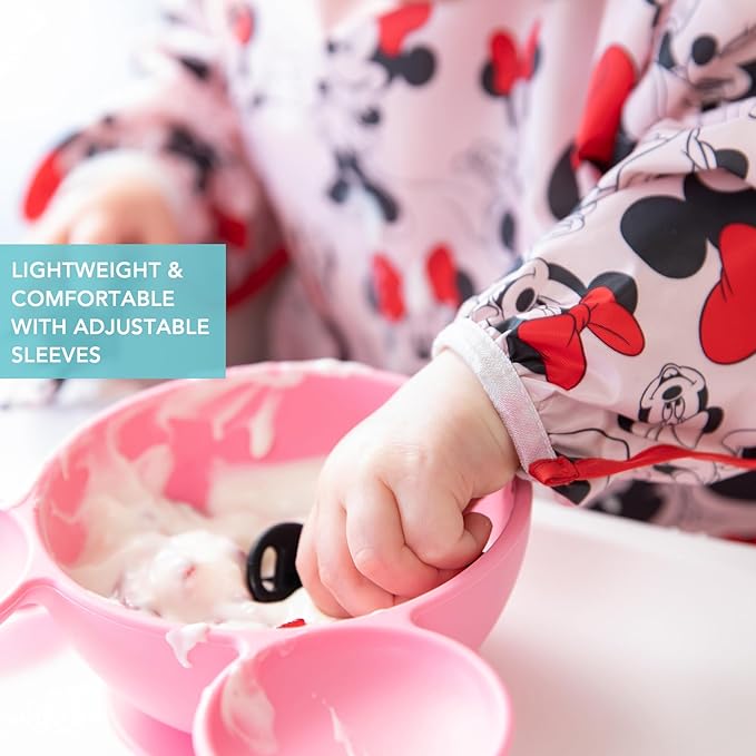 Bumkins Disney Bibs, Baby and Toddler Girls and Boys 6-24 Months, Long Sleeve, Essential Must Have for Eating, Feeding, Mess Saving Lightweight Waterproof Fabric Sleeved Smock, Minnie Mouse Classic