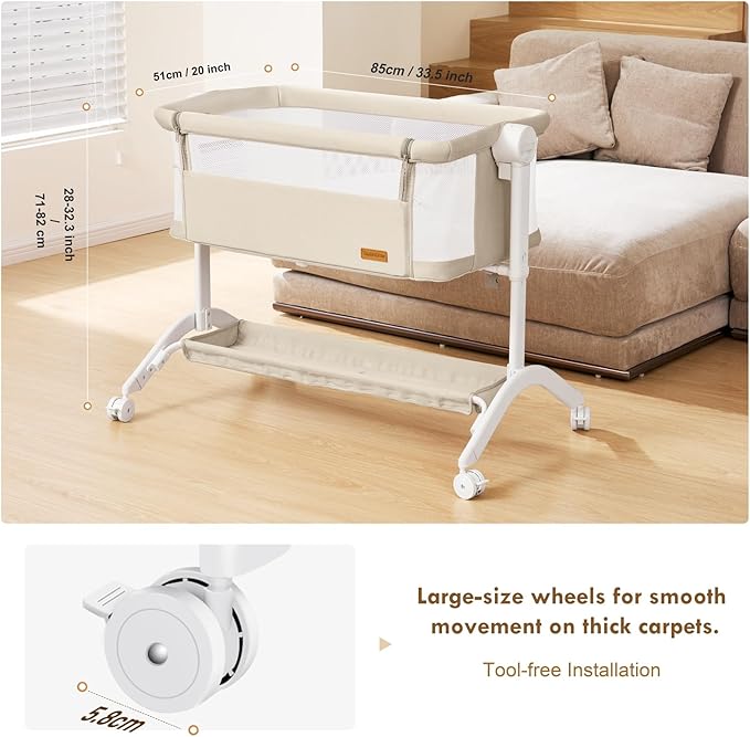 Bassinet Bedside Sleeper - All-Mesh Design, Portable Bedside Bassinet for Baby with Washable Mattress, 5 Adjustable Heights（Beige）