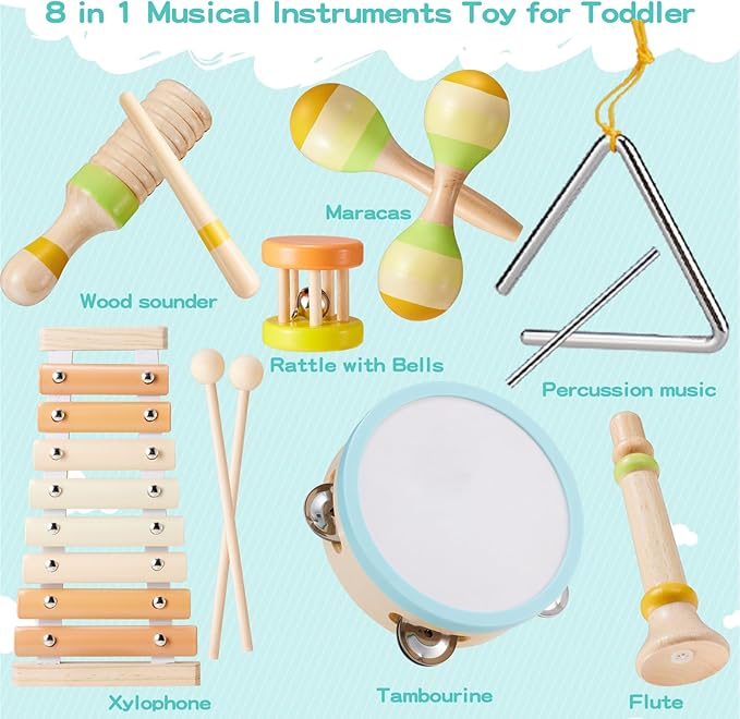 Baby Musical Instruments Set Montessori Wooden Toy for Toddlers 3 Percussion Music Xylophone for Kids Preschool Learning Resource Christmas Birthday Gifts for Boys Girls Aged 3 4 5 (Warm)