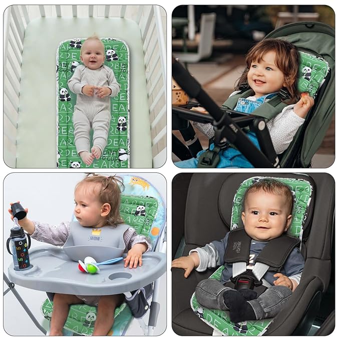 Baby Stroller Cushion,Infant Car Seat Insert-Reversible Universal Breathable and Soft Newborn Stroller Mat,100% Cotton Cover Toddler Seat Pad Liner-34x78cm,1 Pack(Green Panda)