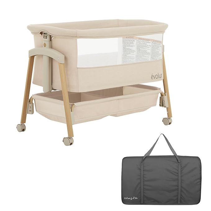 Evolur Lullaby Portable Bassinet with Wheels | Adjustable Bedside Sleeper, Breathable Mesh Sides, Large Storage Basket, Easy Fold, and Travel Bag Included | Perfect for Newborns & Infants
