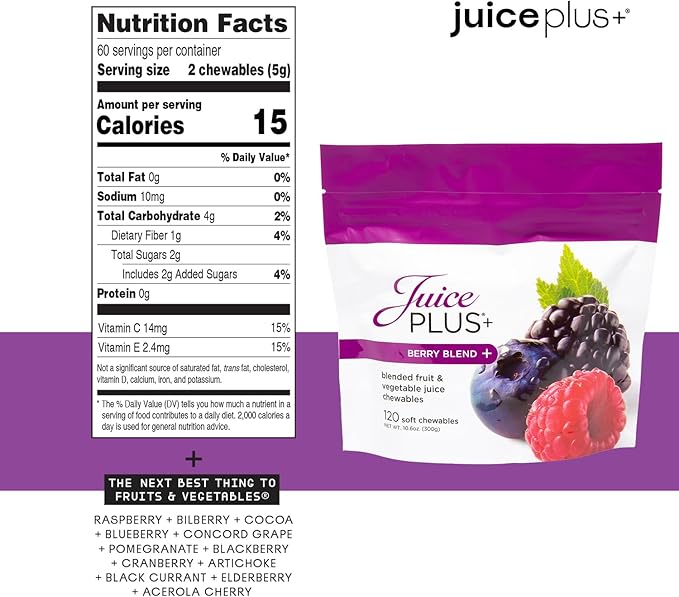 Juice Plus+ Fruit, Vegetable & Berry Blend Soft Chews (Chewables) - 30 Plant-Based Ingredients! Vegan Gummies for Kids & Adults - Gluten-Free, Non-GMO - Prepacked 3 Pouches - 30 Adult Servings Each