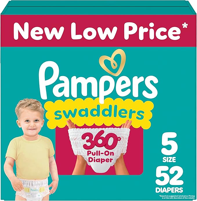Pampers Diapers - Swaddlers 360° - Size 5, 52 Count, up to 100% Leakproof Comfy Dry Fit, Designed for Easy Changes, Pull On Baby Diaper (Packaging May Vary)