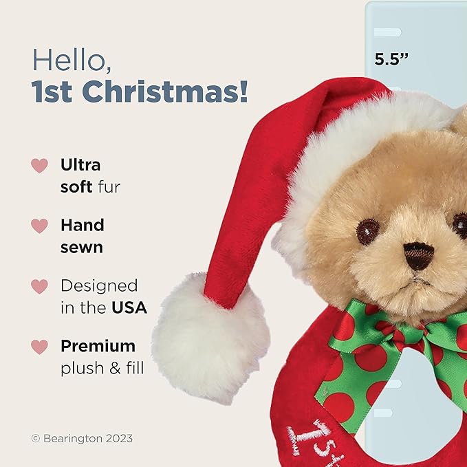 Bearington Baby 1st Christmas, 5.5 Inch Teddy Bear Plush Stuffed Animal, Soft Baby Rattles and Plush Rings, for Ages 0-14