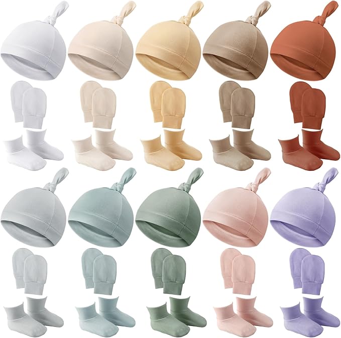 Toulite 10 Set Newborn Baby Socks Hat and Mittens Soft Ankle Sock Newborn Beanie Mitten for Boys Girls Infant