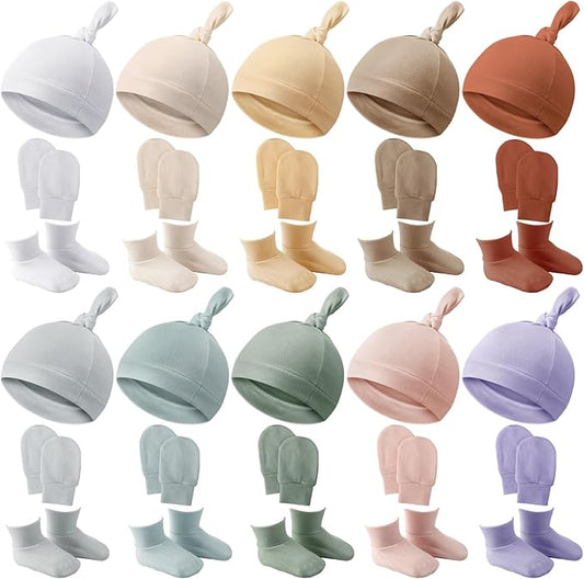 Toulite 10 Set Newborn Baby Socks Hat and Mittens Soft Ankle Sock Newborn Beanie Mitten for Boys Girls Infant