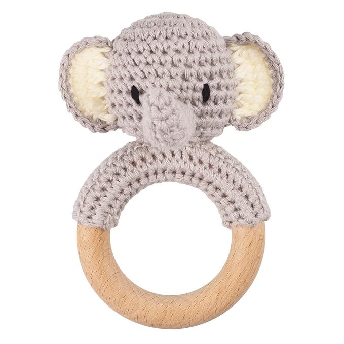Joliecraft Safari Animals Wooden Baby Rattle Toys Stuffed Crochet Rattle with Teether Ring for Newborn, Gray Elephant