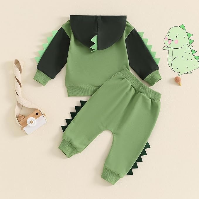 2Pcs Baby Boys Hoodie Tops Pants Set Dinosaur Deer Print Sweatsuit Fall Winter Outfits