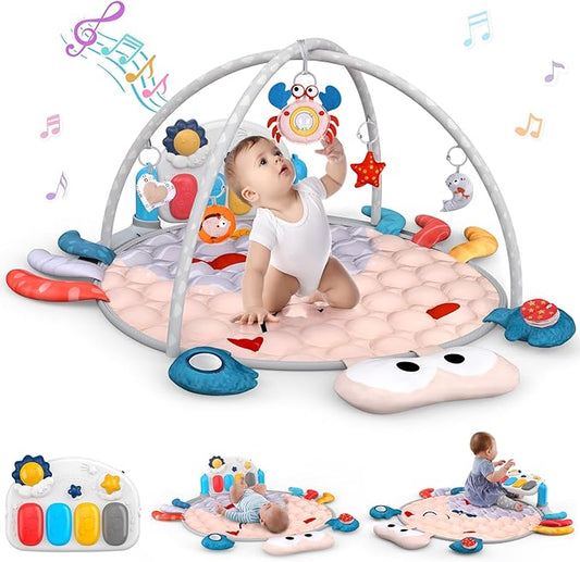 Baby Play Mat Baby Toys Tummy Time Mat for Newborn Infant Toy Piano Music & Light with 5 Toy Musical Activity Center Baby Boy Girl Gifts Toys for Baby Toys 3 6 9 12 Months, Crab Theme