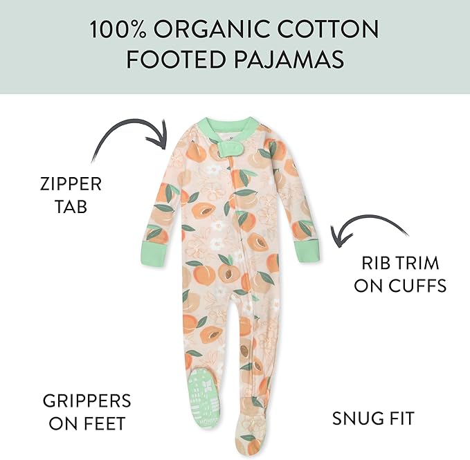 HonestBaby Non-Slip Footed Pajamas One-Piece Sleeper Zip-Front Pjs 100% Organic Cotton for Baby Girls