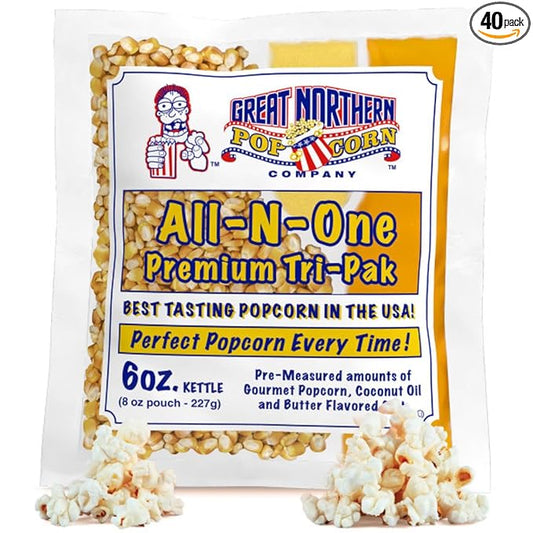 6 oz Popcorn Packs – Pre-Measured, Movie Theater Style, All-in-One Kernel, Salt, Oil Packets for Popcorn Machines by Great Northern Popcorn (40 Case)