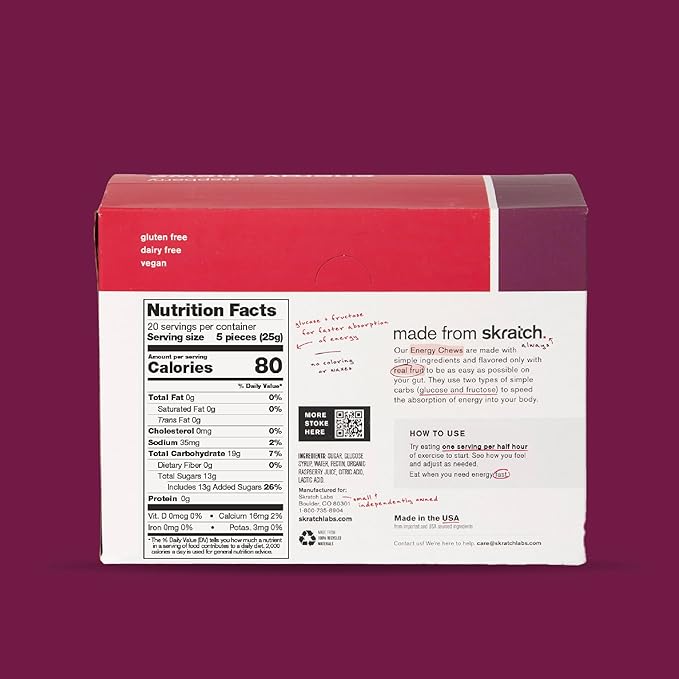 Skratch Labs Energy Chews | Gummies for Running, Cycling, and Sports Performance | Gel Alternative | Raspberry (10 Pack) | Gluten Free, Vegan