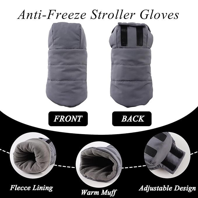 Zsedrut Stroller Gloves Universal Winter Anti-Freeze Stroller Mittens Water Repellent Hand Warmer Muff Fleece Lined,Winter Stroller Accessories (Gray)