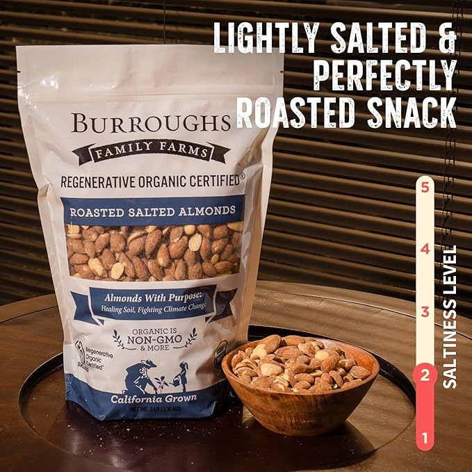 Burroughs Family Farms 3 lb Roasted Salted Almonds – USDA Organic, First Regenerative Organic Certified Almond Farm – 2x the Antioxidants and Vitamin B Versus Other Almonds – Lightly Salted & Perfectly Dry Roasted Almond Nuts