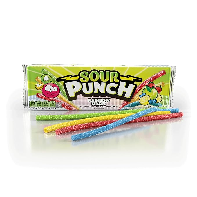 Sour Punch Straws, 4 Rainbow Fruit Flavors, Chewy Sweet & Sour Candy, 4.5oz Tray (24 Pack)