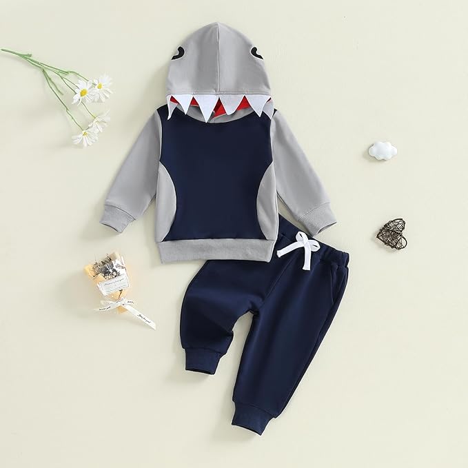 2Pcs Baby Boys Hoodie Tops Pants Set Dinosaur Deer Print Sweatsuit Fall Winter Outfits
