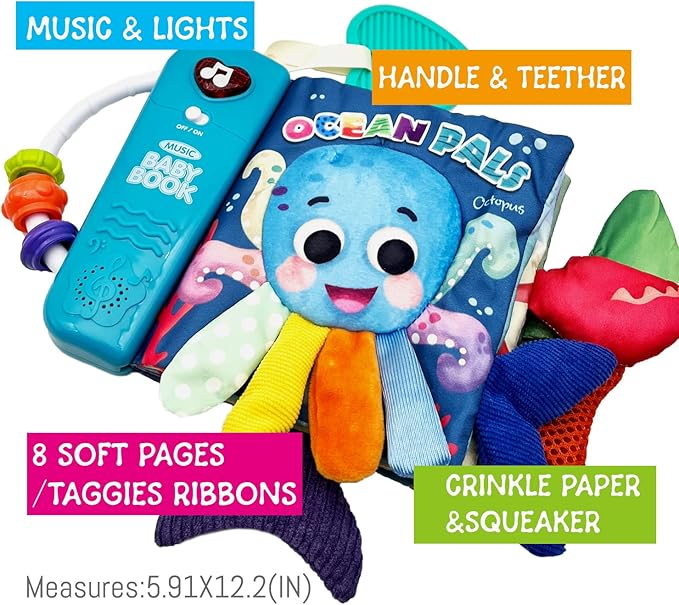 Baby Books Toys, Ocean Pals Touch and Feel Music Cloth Book for Infant Baby 6-12-18 Months, Early Learning Education Shower Easter Gifts for Boys Girls (Ocean Pals)