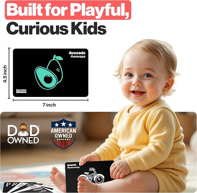 Happy Start High Contrast Baby Cards for Newborns - Black & White Cards, Water-Resistant, BPA-Free, Portable Educational Flashcards for Visual Stimulation, Award-Winning, Ages 0+ (English & Russian)