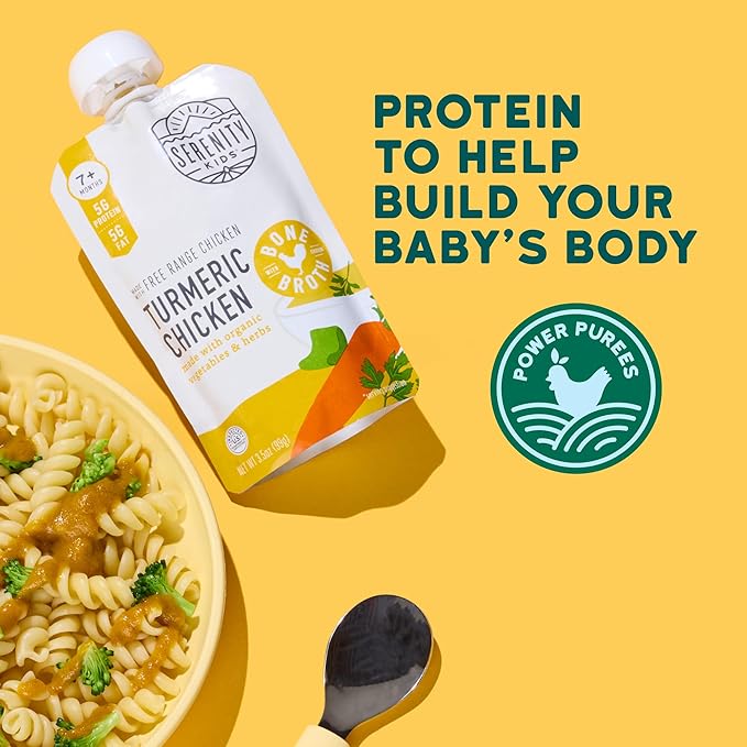 Serenity Kids 7+ Months Chicken Puree Pouch with Bone Broth - Pasture-Raised Turmeric & Veggie Blend - Clean Label Project Purity Award Certified - 3.5 Oz, 12 Pack