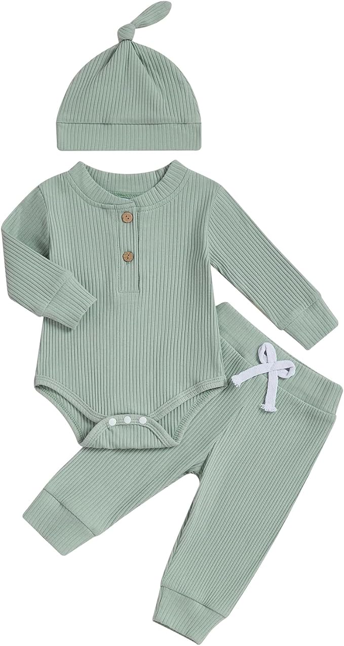 Newborn Baby Boy Clothes Long Sleeve Ribbed Bodysuit Pants Hat 3-Piece Outfit Set