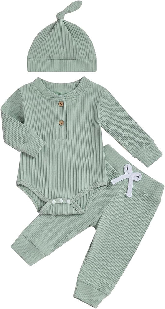 Newborn Baby Boy Clothes Long Sleeve Ribbed Bodysuit Pants Hat 3-Piece Outfit Set