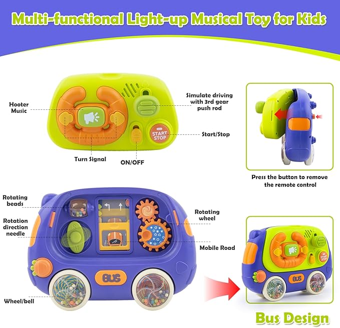 Ayyomo 3 in 1 Montessori Toys Bus, Light Up Baby Musical Toys for Toddlers 1-3 Year Old, Road Trip Busy Board for Car Seat Travel Essential, 2 Bell Wheel Sensory Toys, Birthday Gift for Boy Girl Kid