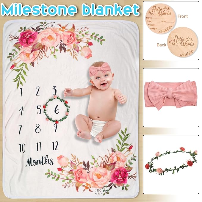Baby Girl Gifts,Baby Shower Gifts for Girls,New Born Baby Girls Gift Sets,Welcome Baby Girl Gift Basket,Baby Milestone Blanket,Unique Baby Gift Essentials,Gender Reveal Gifts, Rattle Lovey Blanket