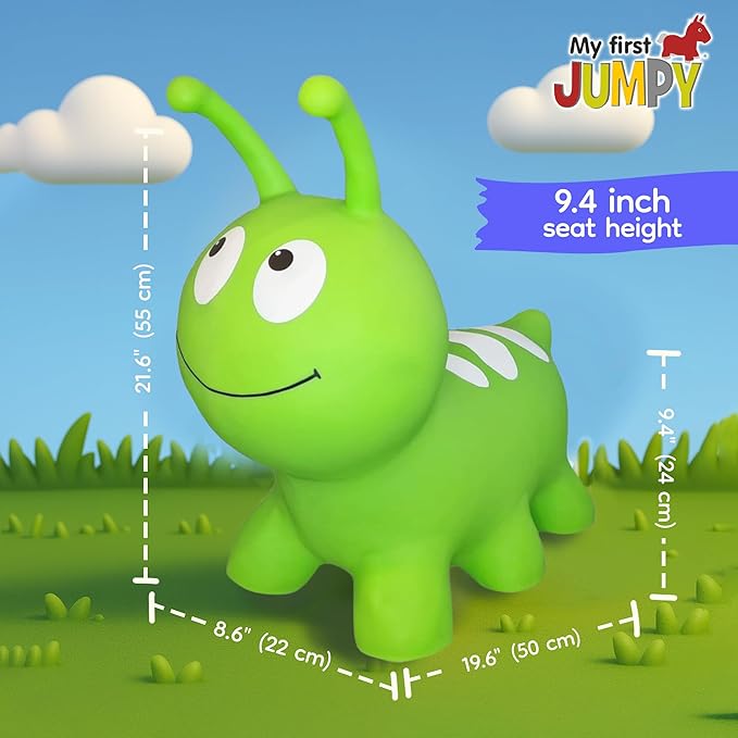 Jumpy Inflatable Bouncer - Animal Ride on Toy for Kids, Toddler’s, Boys, and Girls – Stable and Durable for Indoor and Outdoor Play, Pump and Birth Certificate Included - Green WORMY