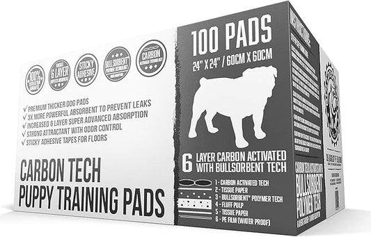 Bulldoglogy Carbon Black Puppy Pee Pads with Adhesive Sticky Tape - Large Charcoal Housebreaking Dog Training Wee Pads (24x24) 6 Layers with Extra Quick Dry Bullsorbent Polymer Tech (100-Count)