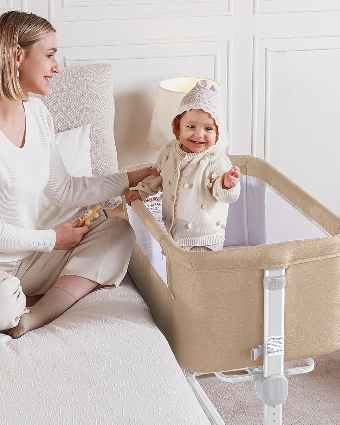Larex Baby Bassinet, 3 in 1 Bassinets Bedside Sleeper for Newborn, Portable Crib Adjustable 7 Height Bedside Bassinet with Mattress and Wheels Khaki