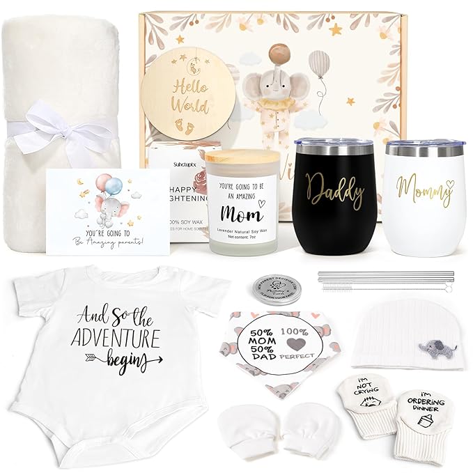 New Mom Gifts for Women, Luxury Pregnancy Gift for New Parents Gender Reveal Gifts Elephant Baby Sets w/Mom Dad Tumbler Baby Essentials for First Time Moms, Expecting Parents to Be, Baby Shower…