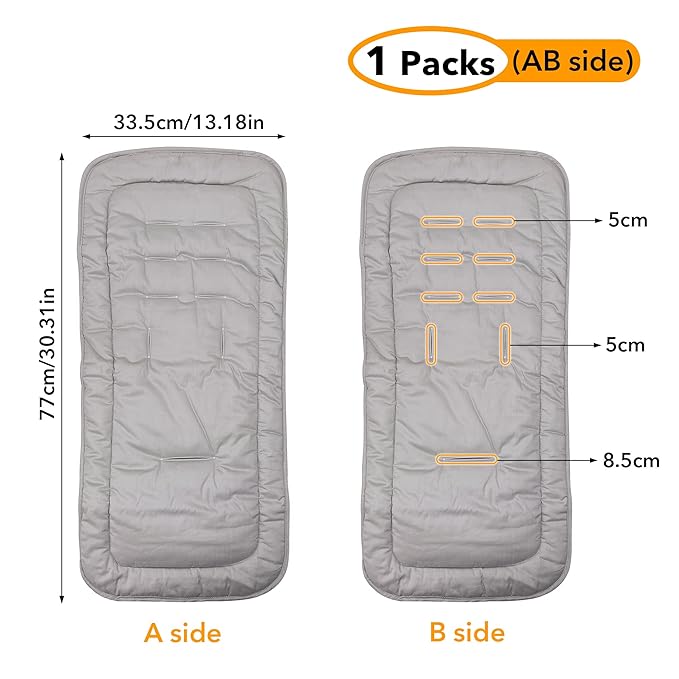 Baby Stroller Cushion,Infant Car Seat Insert-Reversible Universal Breathable and Soft Newborn Stroller Mat, 100% Cotton Cover Toddler Seat Pad Liner-34x78cm,1 Pack（Grey）