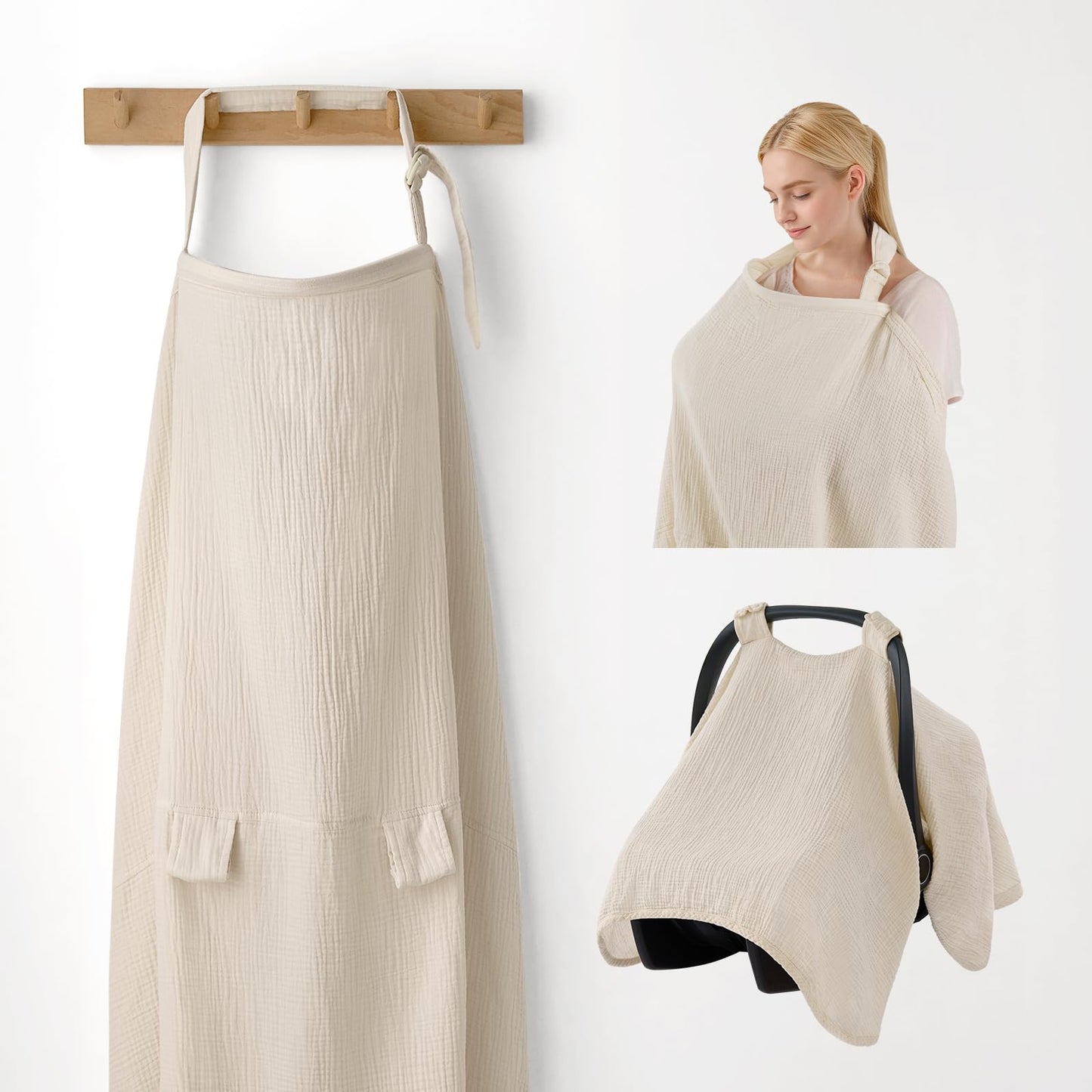 Blissful Diary Baby Car Seat Cover, Extra Large Mesh Window, Breathable Muslin Cotton, Infant Windproof Canopy, Must-Have Baby Gift - Roman Green