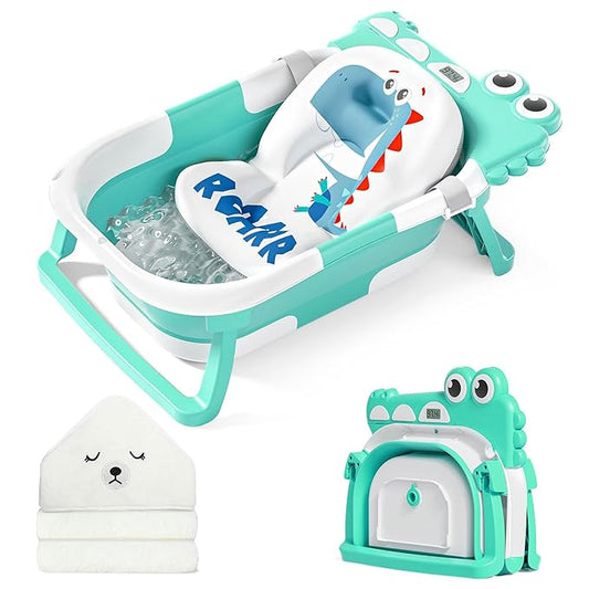 MoreFeel Collapsible Baby Bathtub for Newborn with Thermometer & 1 Hooded Towel & 1 Soft Floating Cushion,Portable Travel Bathtub with Drain Hole, Durable Foldable Baby Tubs for Infants to Toddler