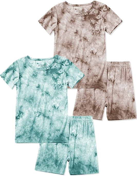 Jimonda Kids Soft Rayon From Bamboo Sleepwear Short Sleeve Boys Girls Pajama Outdoor 4-Piece tops&shorts Casual sets Tie PJ