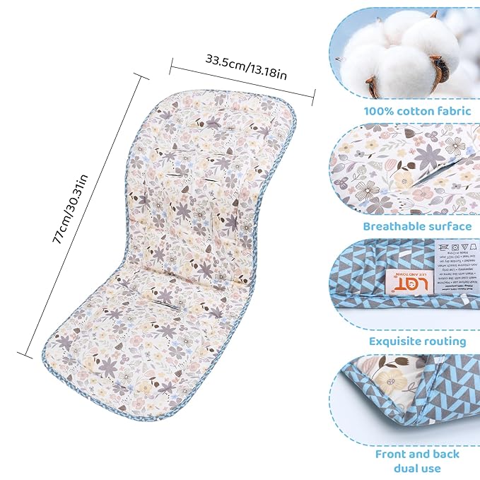 Baby Stroller Cushion,Infant Car Seat Insert-Reversible Universal Breathable and Soft Newborn Stroller Mat,100% Cotton Cover Toddler Seat Pad Liner-34x78cm,1 Pack(Colorful Flowers+Blue Triangle)