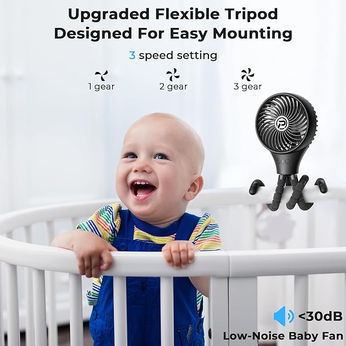 PANERGY Baby Stroller Fan, Oscillating Mini Portable Fan, 3 Speeds Battery Operated Flexible Tripod Clip on for Car Seat Crib Travel