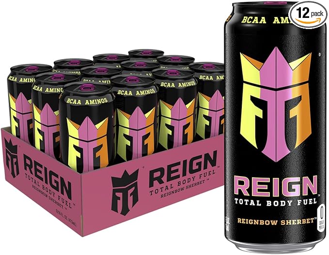 REIGN Total Body Fuel, Reignbow Sherbet, Fitness & Performance Drink, 16 Fl Oz (Pack of 12)