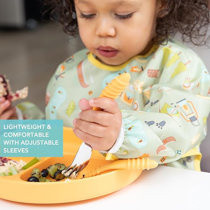 Bumkins Sleeved Bib for Girl or Boy, Baby and Toddler for 6-24 Mos, Essential Must Have for Eating, Feeding, Baby Led Weaning, Long Sleeve Mess Saving Food Catcher, Soft Fabric, Camp Gear Green