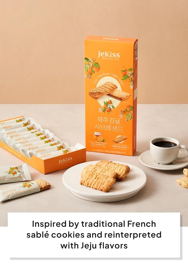 Korean Food JEKISS Jeju Mandarin Sable Sand Cookies 10ea – Crunchy Butter Biscuit with Jeju Mandarin Cream, Individually Wrapped Pieces, Perfect for Gifting (180g)