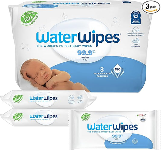WaterWipes Sensitive+ Newborn & Baby Wipes, 3-In-1 Cleans, Cares, Protects, 99.9% Water, Unscented & Hypoallergenic, 180 Count (3 Packs)